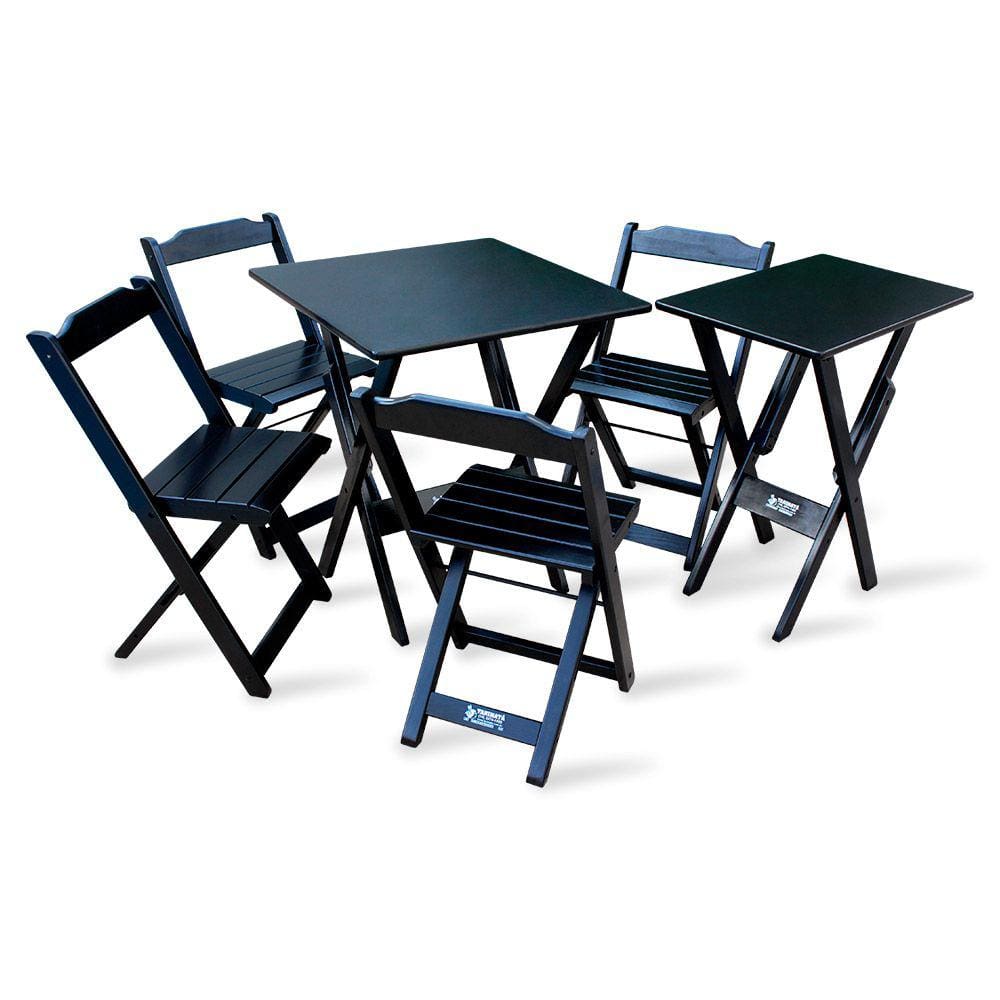 Conjunto De Mesa 60x60 E Mesa Aparador Dobrável Com 4 Cadeiras Tarimatã Para Area Gourmet - Preto
