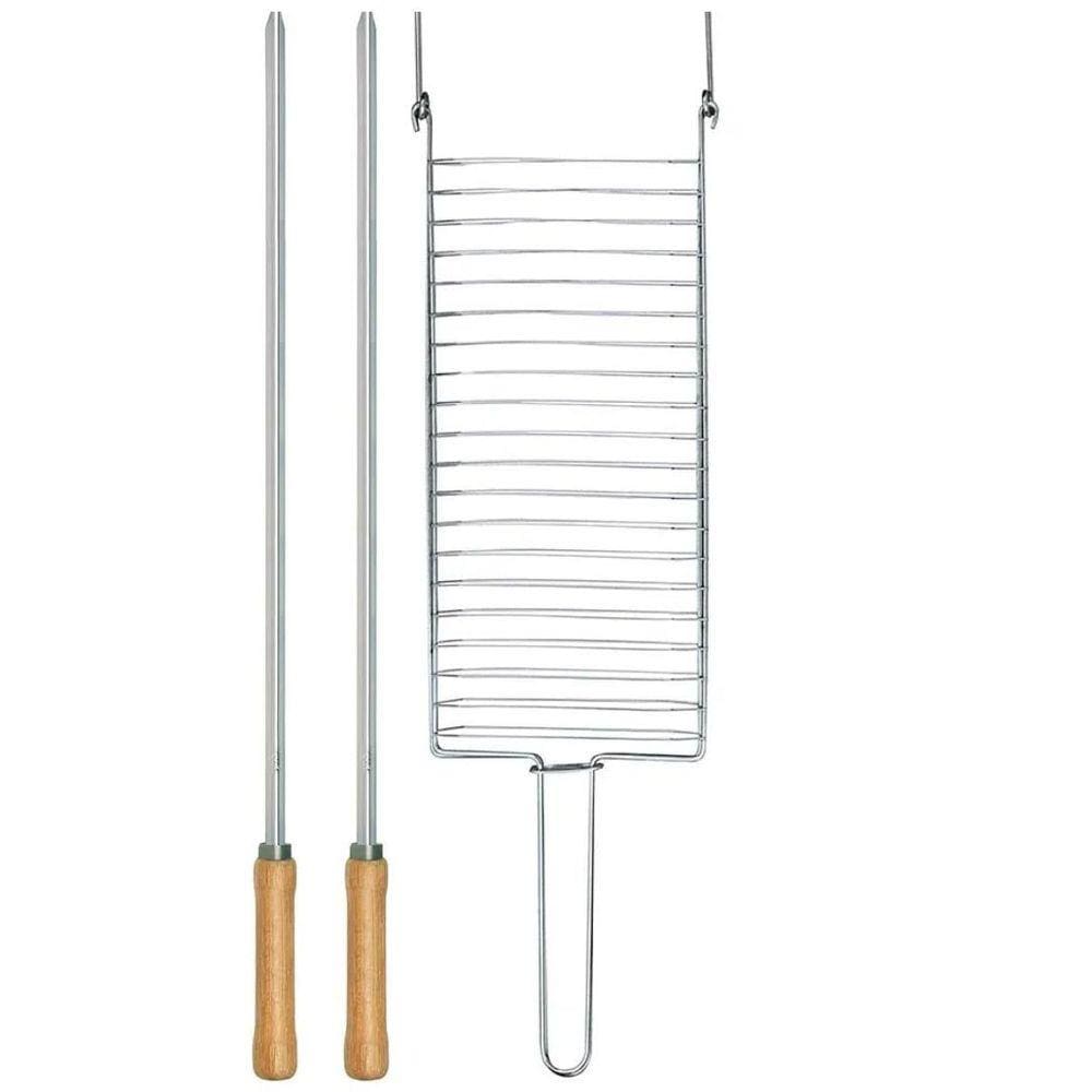 Kit Preparo Churrasco 3Pc Churrasqueira Grelha E Espeto 55Cm