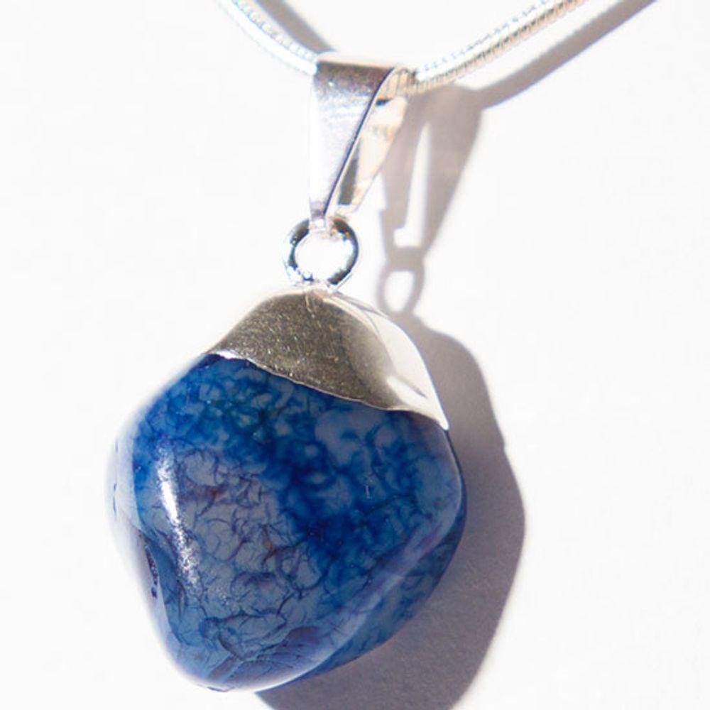 Colar Pedra Rolada Ágata Azul Envolto Montagem Prateado