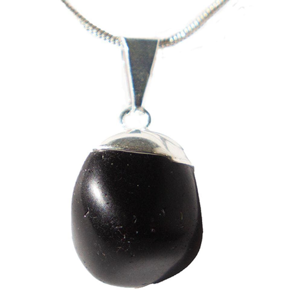 Colar Pedra Rolada Obsidiana Negra Envolto Prateado