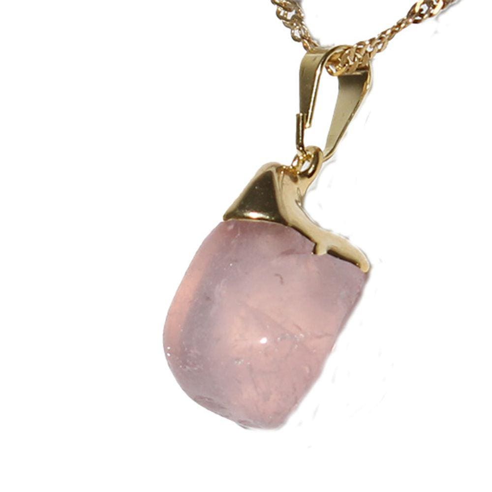 Colar Pedra Rolada Quartzo Rosa Envolto Dourado