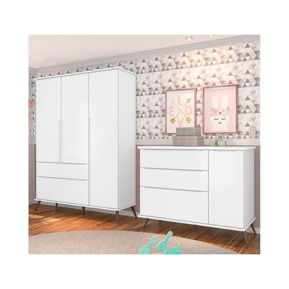 Quarto de Bebê Cômoda Infantil e Guarda Roupa Infantil 3 Portas e 2 Gavetas Melissa Retrô 100% MDF Cor Branco - Phoenix
