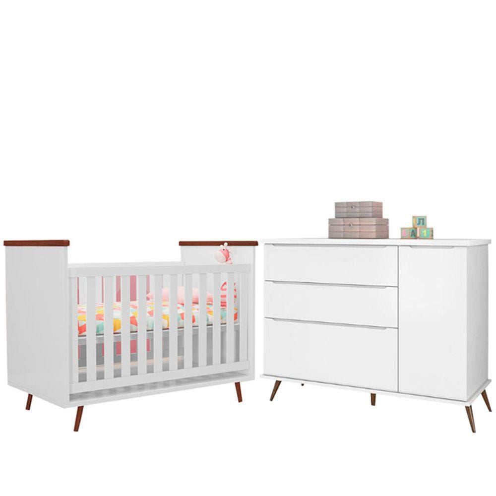 Quarto de Bebê Berço Americano Baby Wood e Cômoda Infantil Melissa 100% MDF Cor Branco com Amadeirado - Phoenix Baby