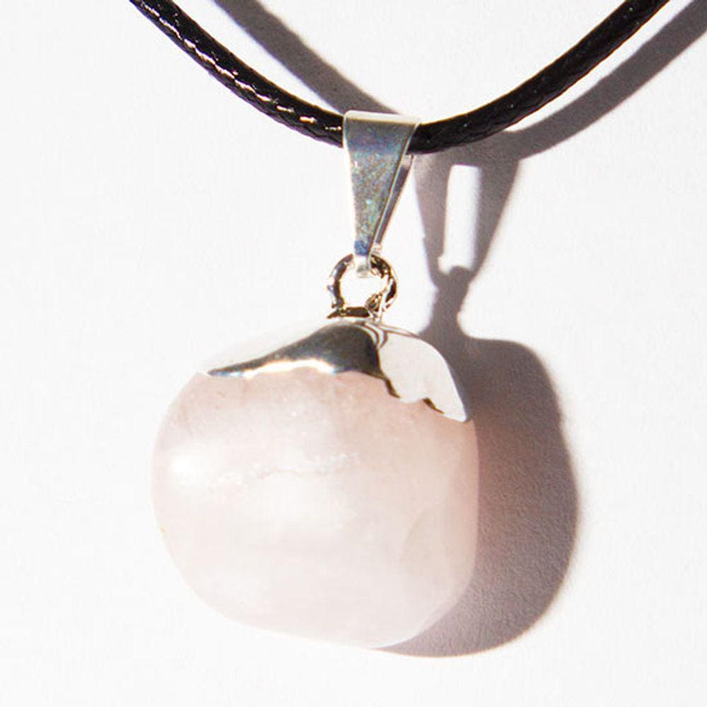 Colar Pedra Rolada Quartzo Rosa Envolto Prateado