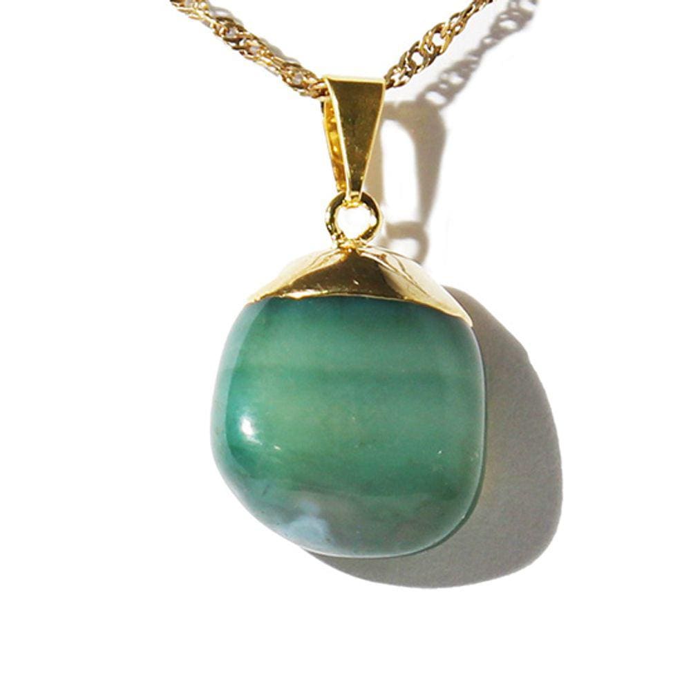 Colar Pedra Rolada Ágata Verde Envolto Montagem Dourado
