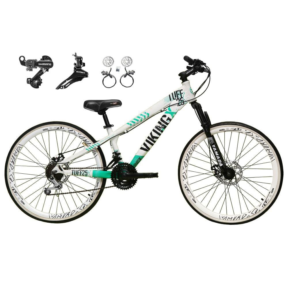 Bicicleta Aro 26 Vikingx Tuff 21v Alumínio Câmbios Shimano Freio a Disco Hidráulicos Aros Vmaxx Branco - Branco\\Verde  X25