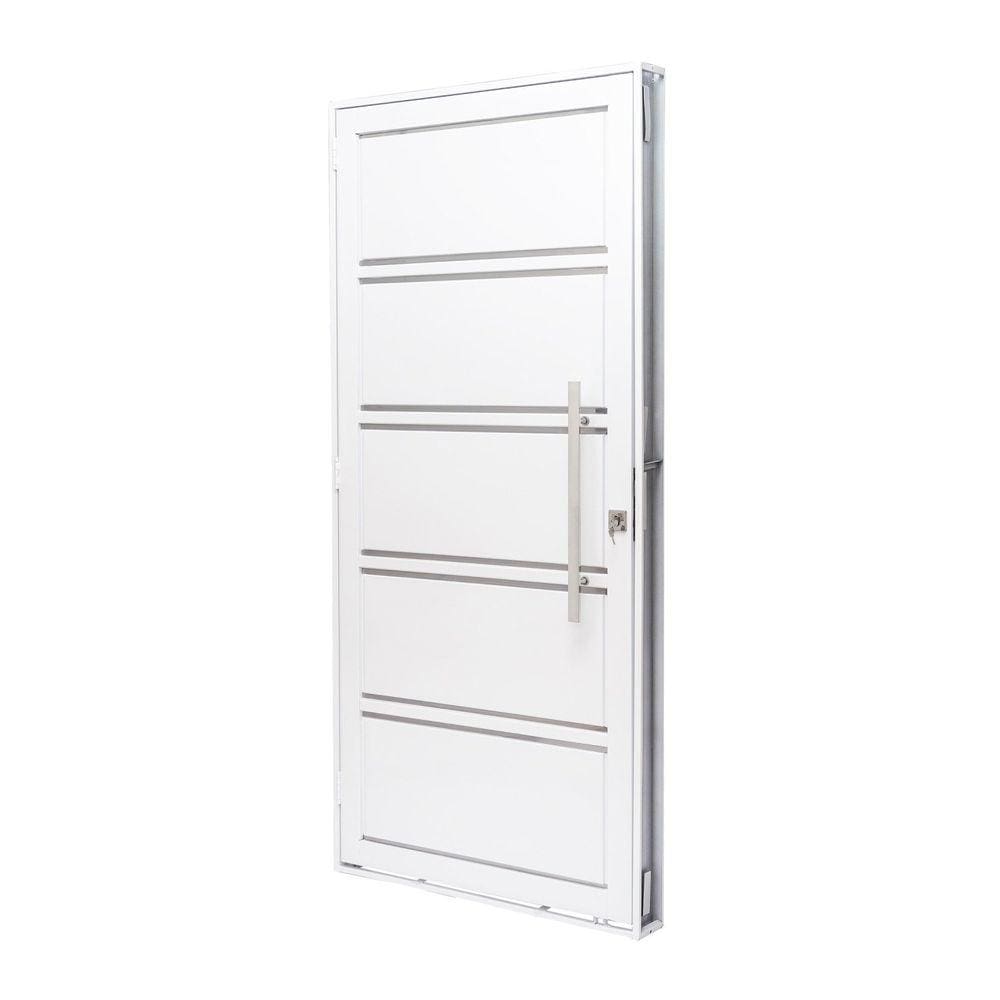 Porta de Aço Lambri 215x100cm com Friso e Puxador Inox Batente 12cm Qualitysol Ramassol