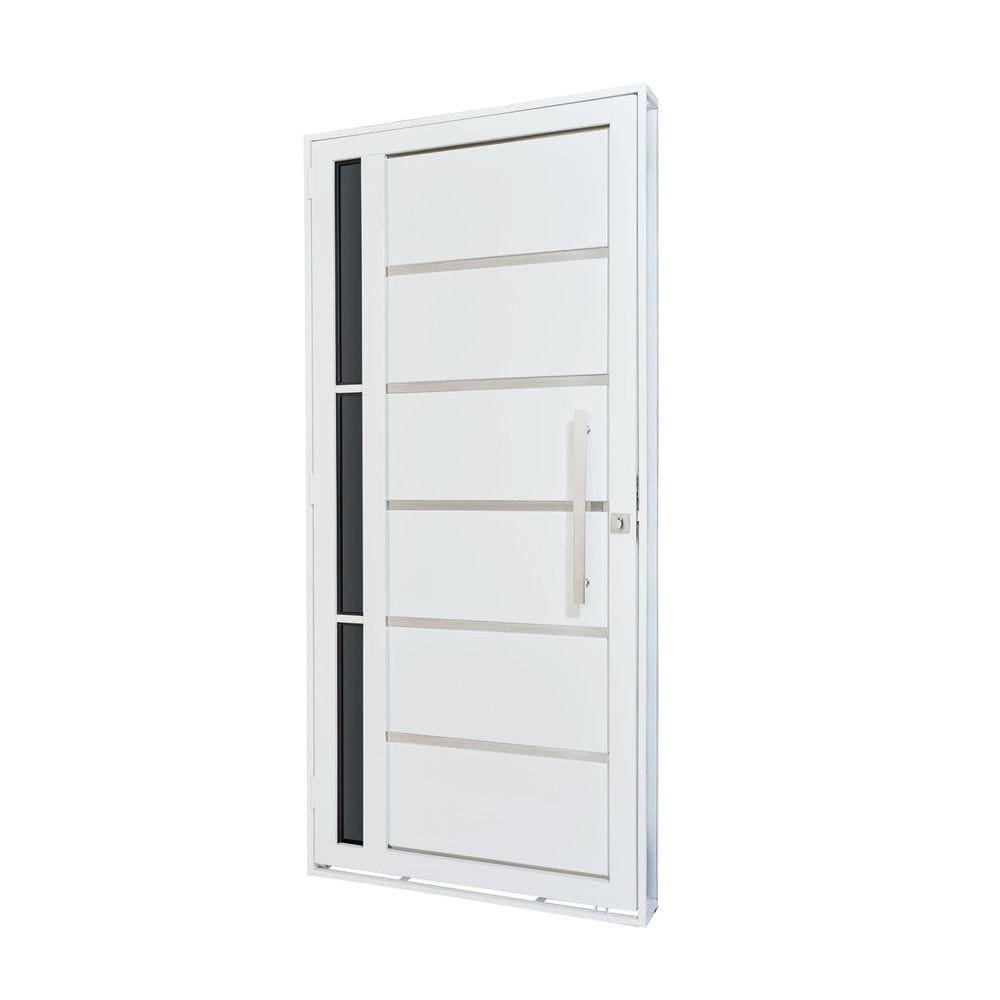 Porta de Aço Lambri 215x100cm com Friso e Puxador Inox Vidro Lateral Fumê Batente 12cm Qualitysol Ramassol