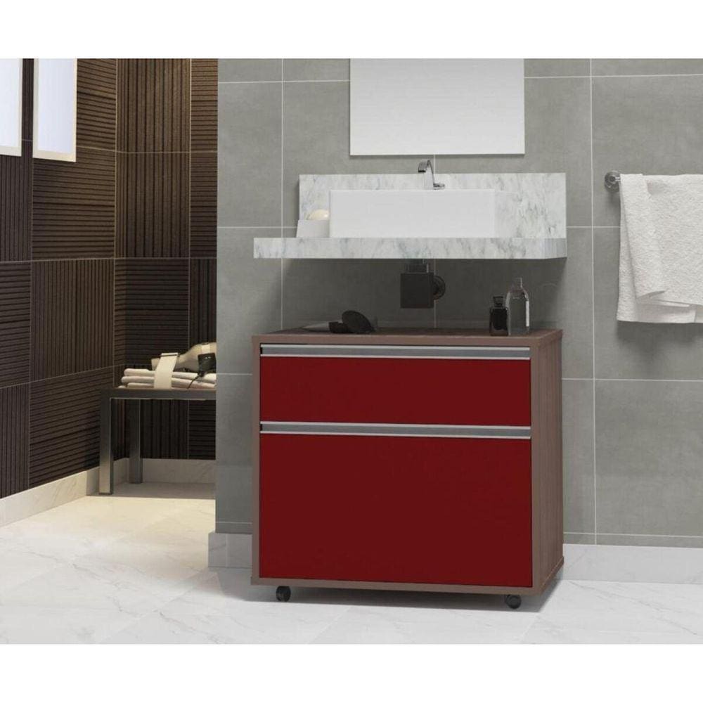 Gabinete para Banheiro com Rodízio 60cm 2 Gavetas Safira Inferior Contarini Vinho