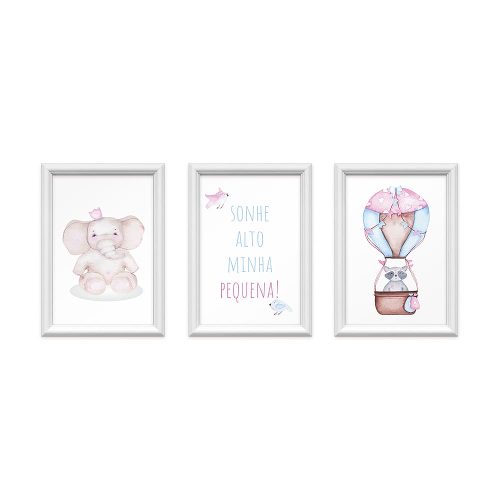 Kit 3 Quadros Decorativos Elefante Balão Rosa 24x34cm