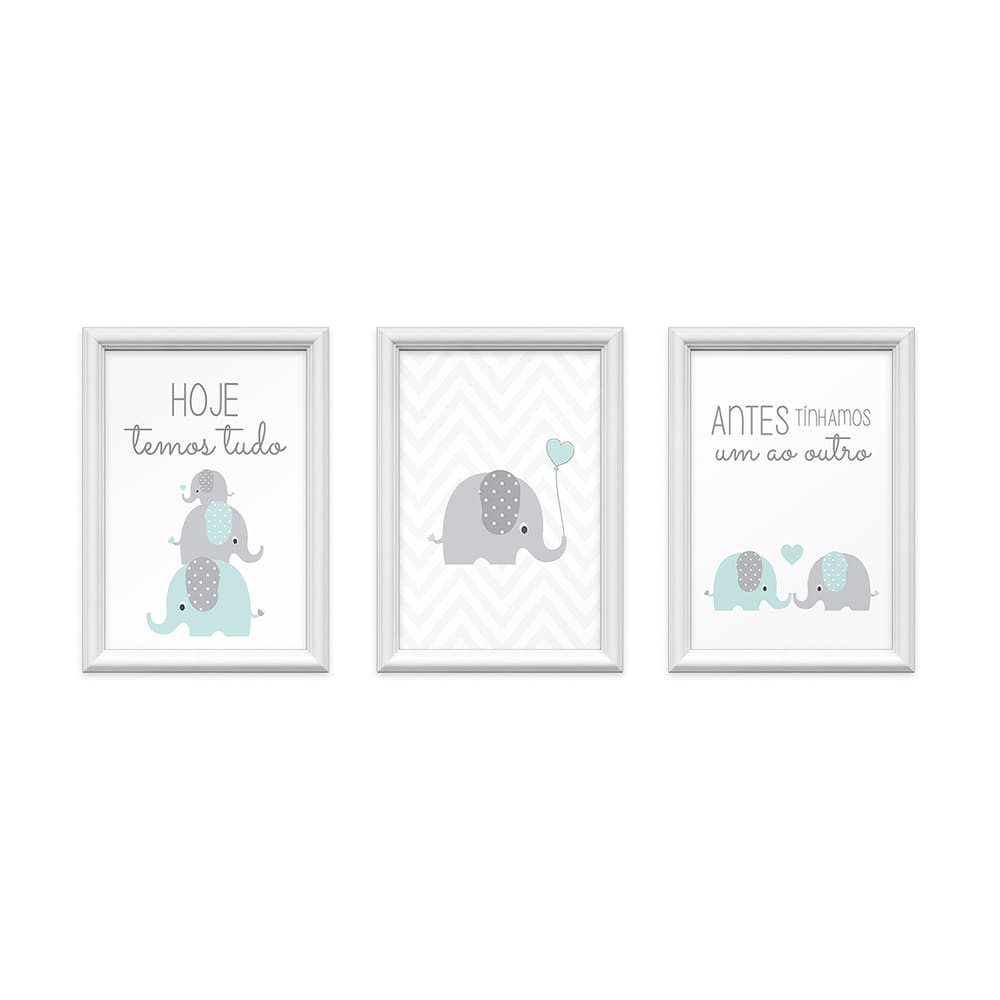 Kit 3 Quadros Decorativos Familia Elefantes 24x34cm