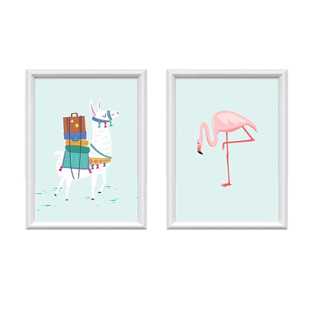 Kit 2 Quadros Decorativos Lhama e Flamingo 34x44cm