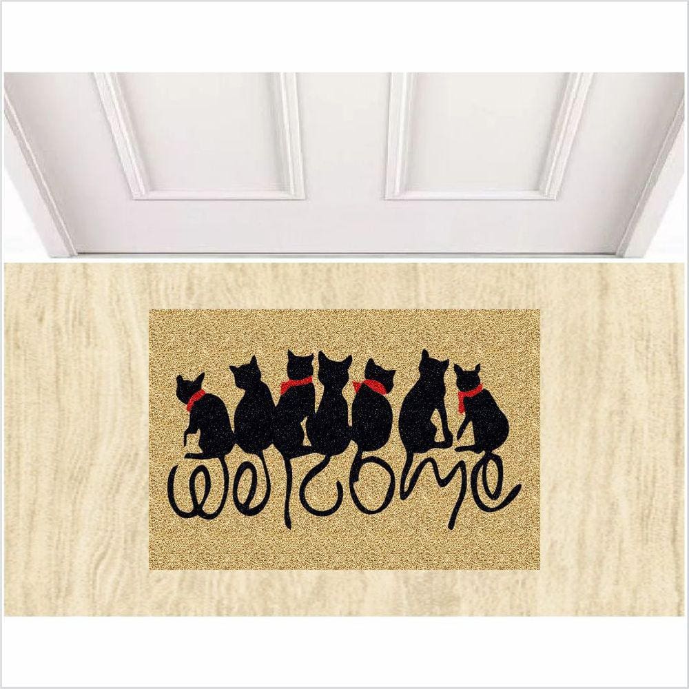 Tapete Gato Welcome Para Porta Fundo Bege