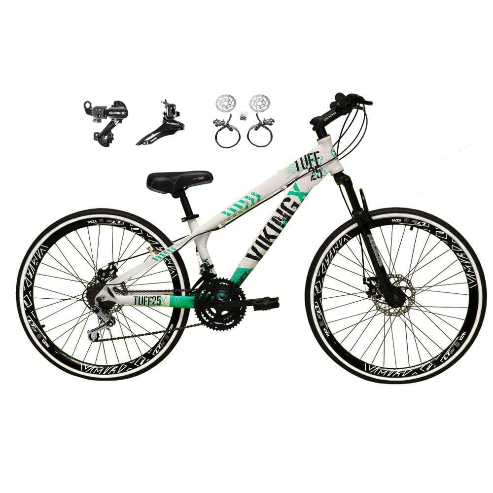Bicicleta Aro 26 Vikingx Tuff 21v Alumínio Câmbios Shimano Freio a Disco Hidráulicos Aros Vmaxx Preto - Branco\\Verde X25