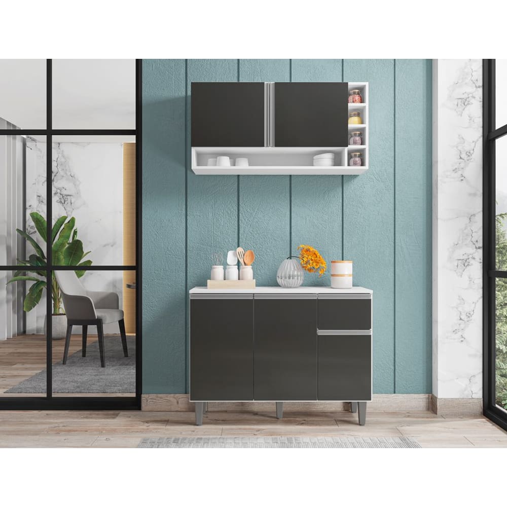 Kit Armario para Cozinha Compacto Vanessa Balcão 105cm Cor Branco e Cinza AJL