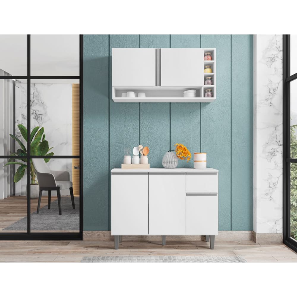 Kit Armario para Cozinha Compacto Vanessa Balcão 105cm Cor Branco AJL