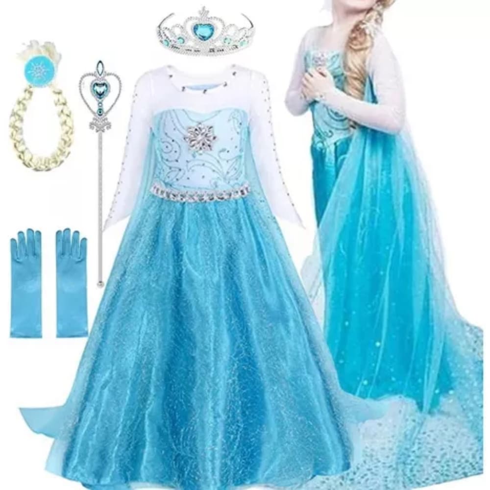 Vestido Infantil Princesa Frozen Elsa Mais Acessório Fantasia Para Meninas Cosplay Carnaval Festas Infantil Temáticas