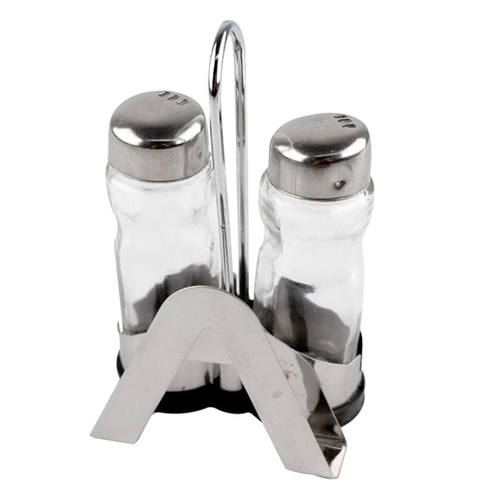 Jogo de saleiro e pimenteiro em aco inox com porta guardanapo D3,3xA9cm