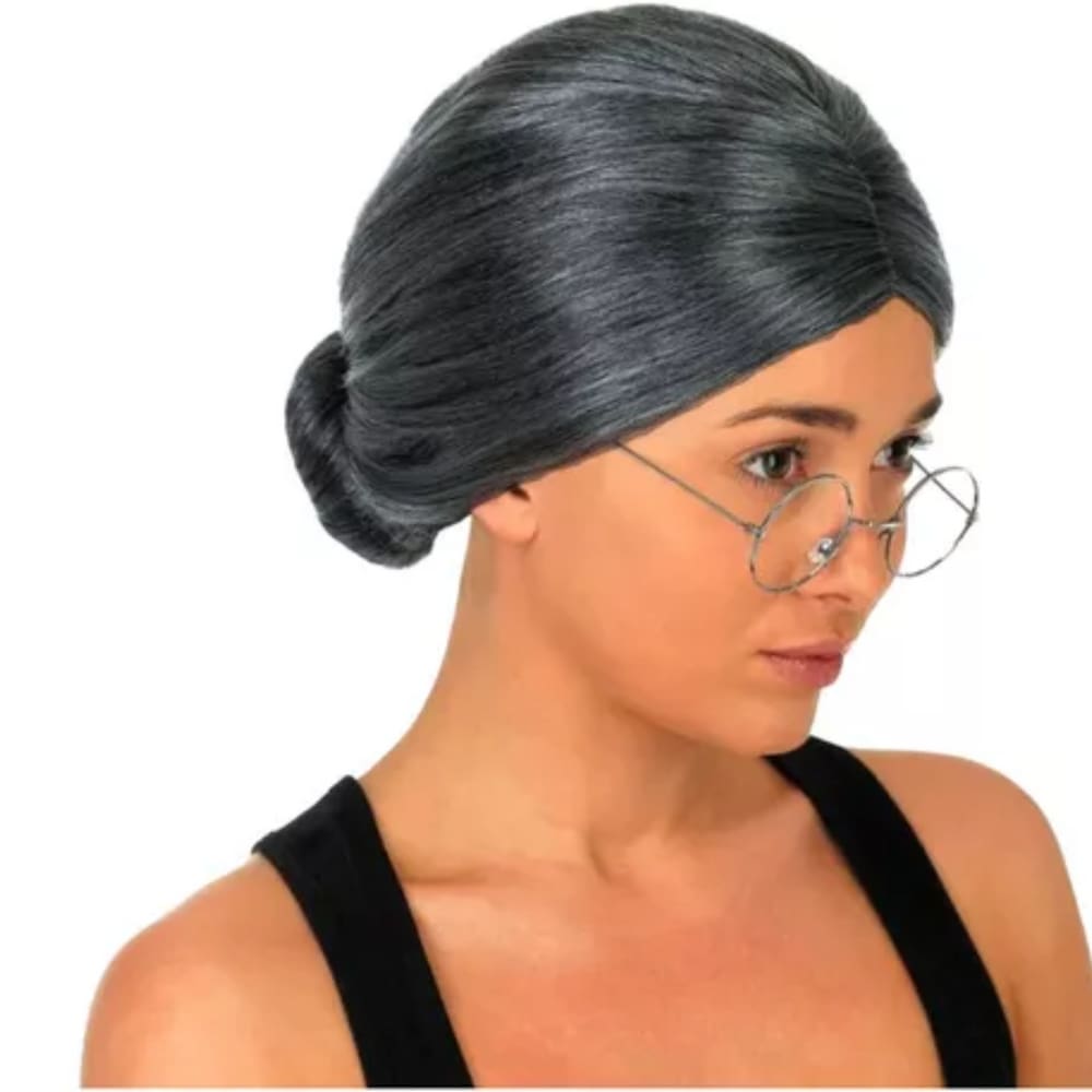 Peruca Vovozinha Velha Idosa Cosplay Festas Penteado Curto Coque Grisalha