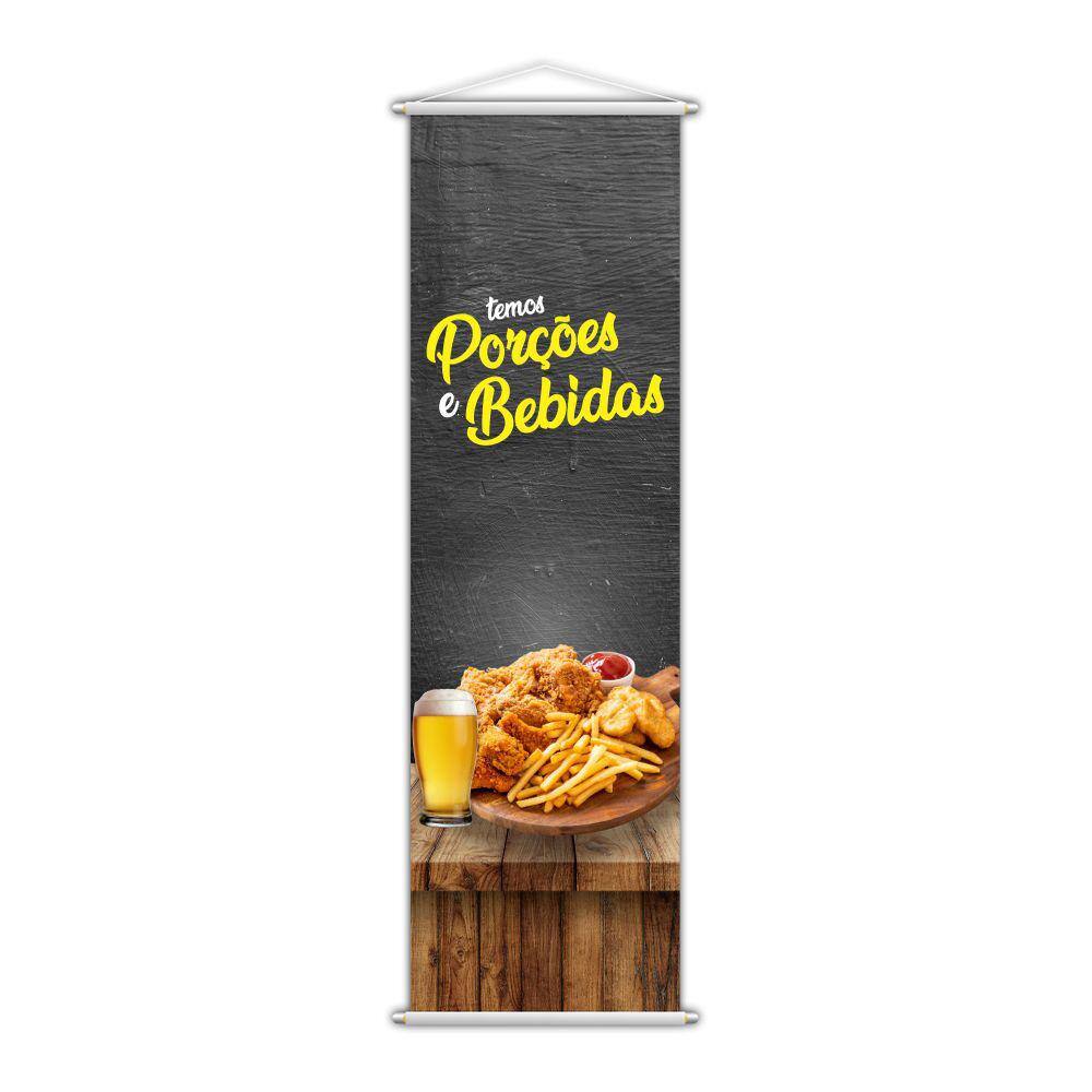 Banner Temos Porções e Bebidas Lanches Restaurante 100x30cm