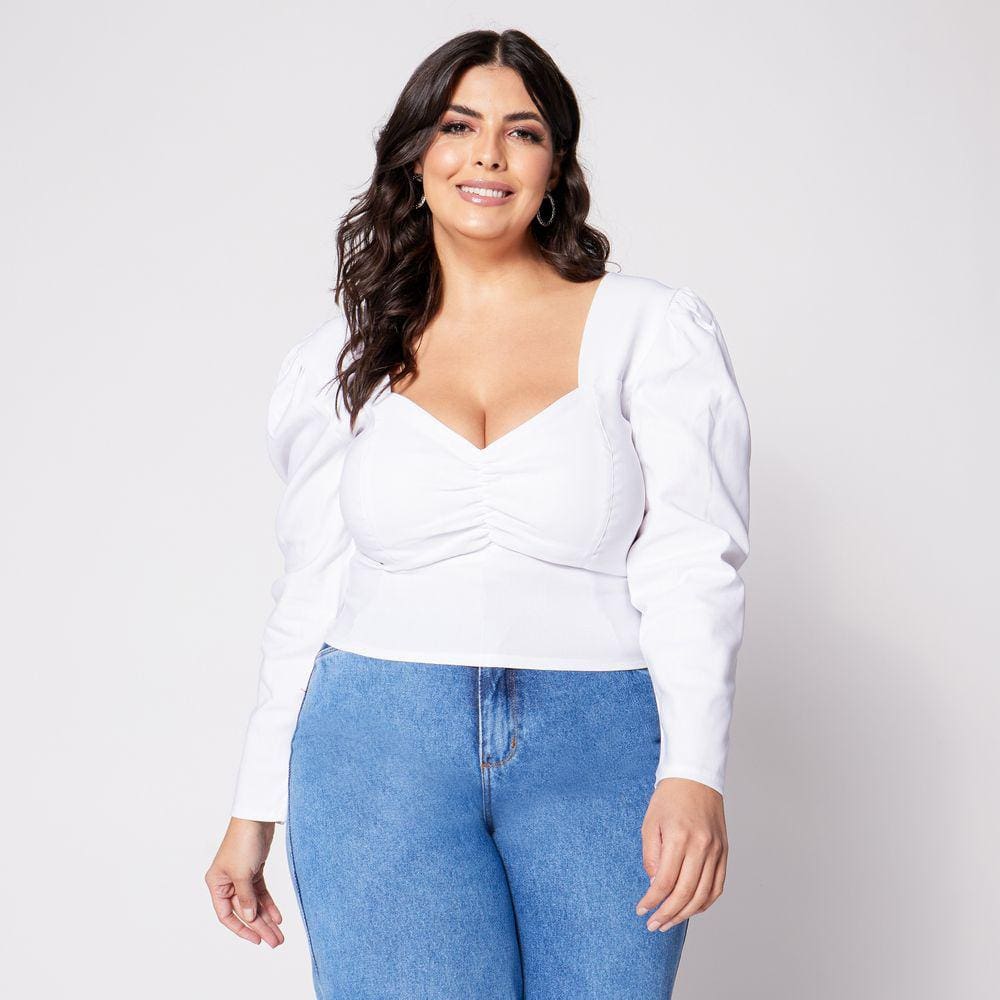 Blusa Cropped Manga Longa Plus Franzido com Bojo Branco