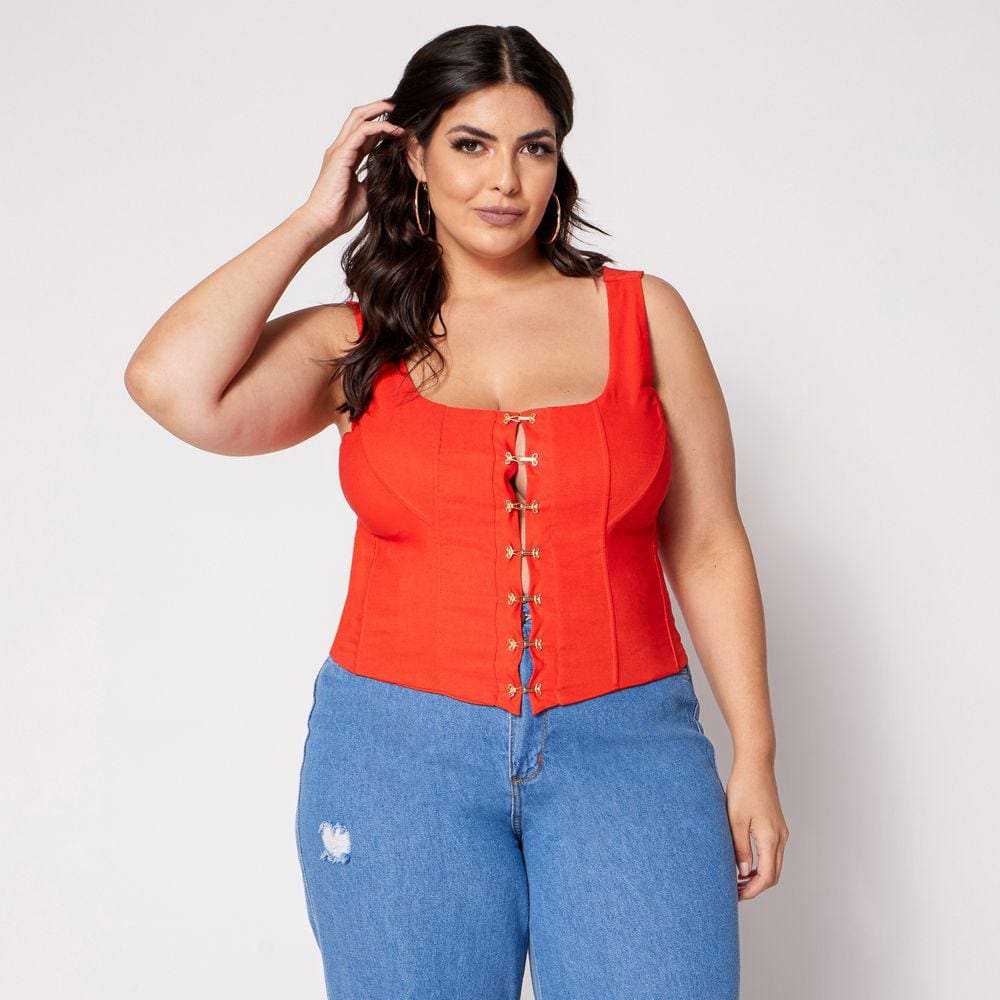 Blusa Cropped de Alça Plus Corset com Colchetes e Bojo Laranja