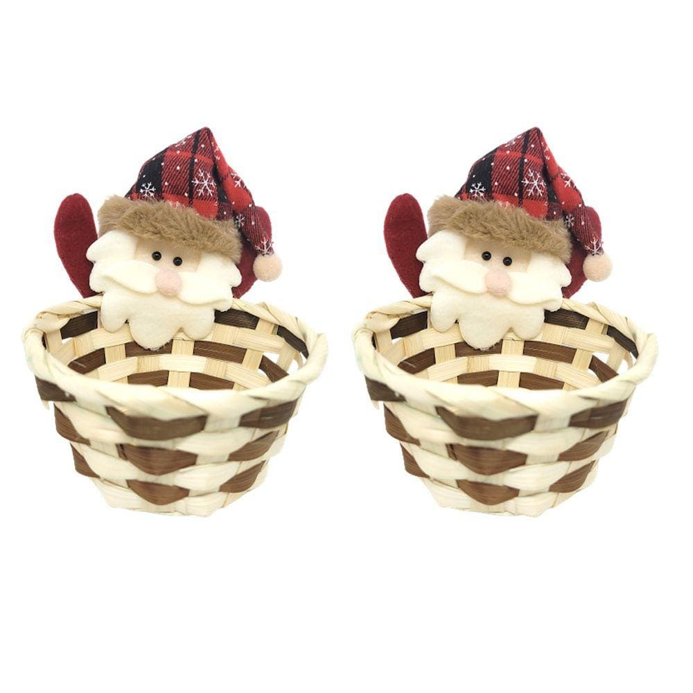 Kit 2 Cestos Natalino Palha Decorado Papai Noel Pelúcia 15cm - Master Christmas