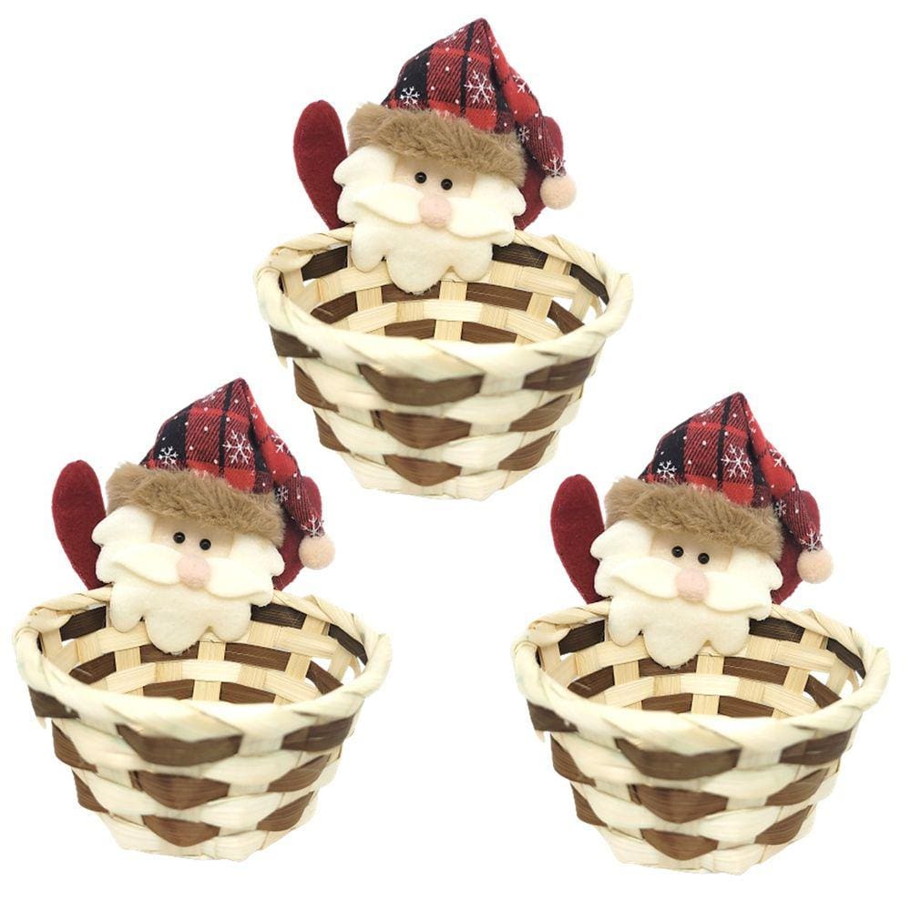 Kit 3 Cestos Natalino Palha Decorado Papai Noel Pelúcia 15cm - Master Christmas