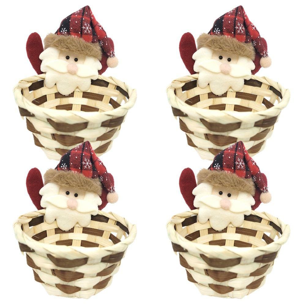 Kit 4 Cestos Natalino Palha Decorado Papai Noel Pelúcia 15cm - Master Christmas