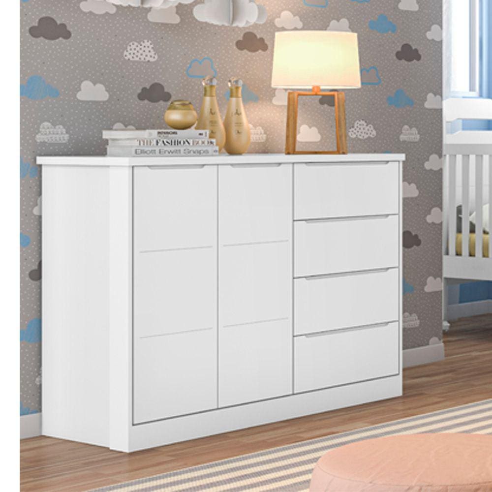 Cômoda Infantil Diamante 2 Portas e 4 Gavetas com Cabideiro 100% MDF Cor Branco - Phoenix Baby