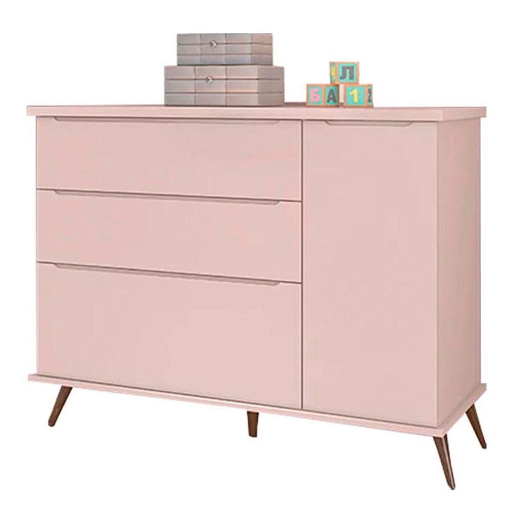 Cômoda Infantil Melissa Retrô 1 Porta e 3 Gavetas100% MDF Cor Rosé - Phoenix Baby