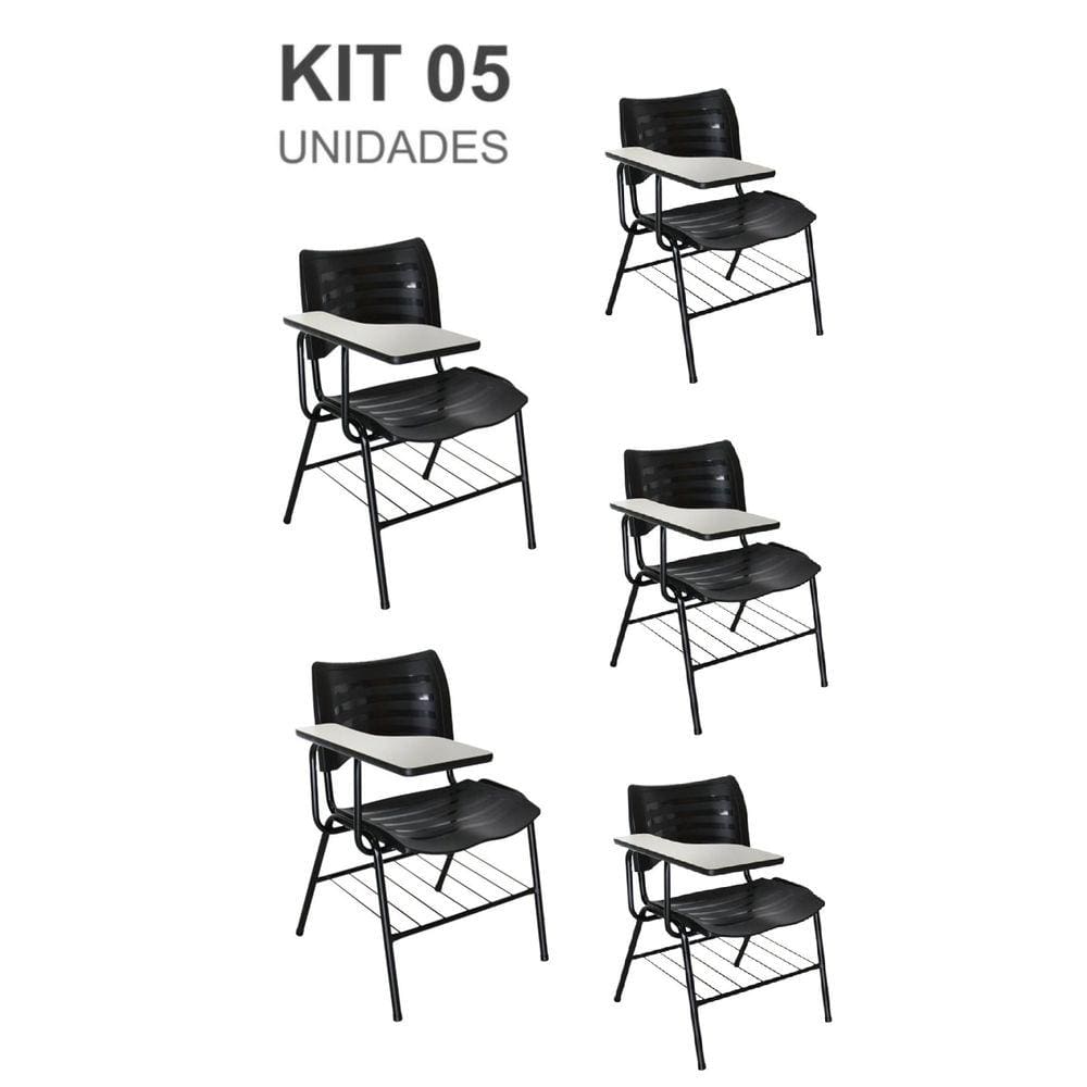 KIT 05 Cadeiras Universitárias com porta livros cor Preto