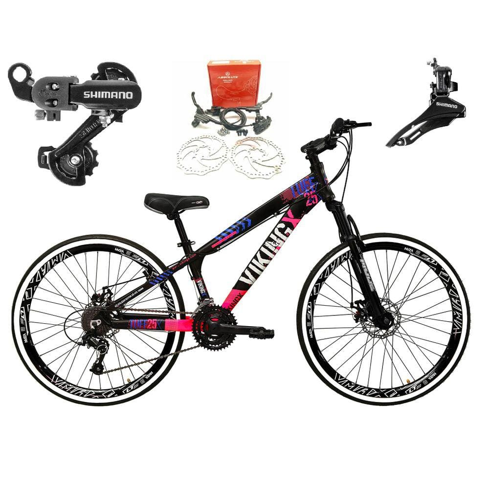 Bicicleta Aro 26 Vikingx Tuff 21v Alumínio Câmbios Shimano Freio a Disco Hidráulicos Aros Vmaxx Preto - Preto\\Rosa X25