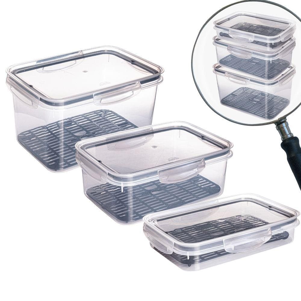Kit potes herméticos Trava Mais com escorredor 1,1 litros, 2,6 litros e 4 litros preto Plasutil