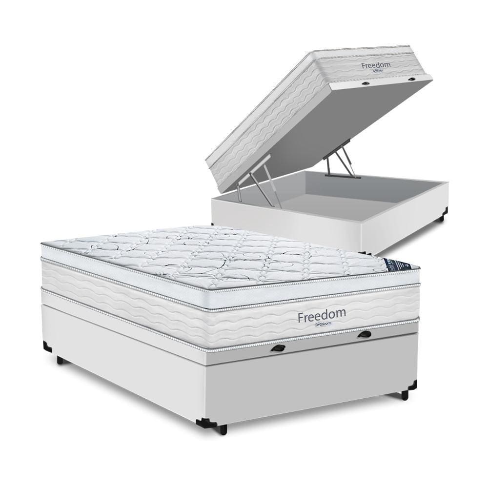 Cama Box Com Baú Casal Blindado + Colchão De Molas Ensacadas - Ortobom - Freedom 138x188x74cm Branco