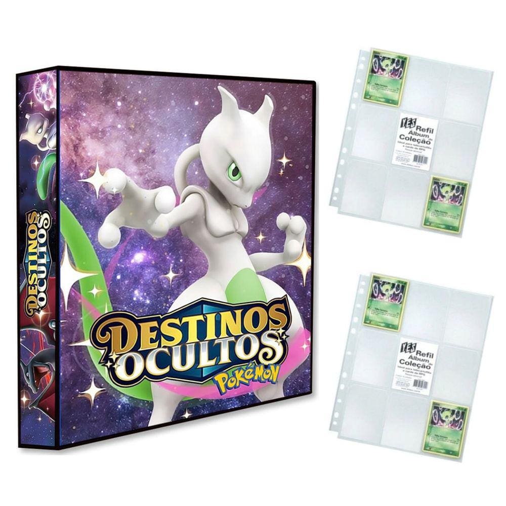 Álbum Pasta Fichário Pokemon com 20 Folhas YES Sol e Lua Destinos Ocultos MewTwo Capa Dura Resistente para colecionar cartas ou cards