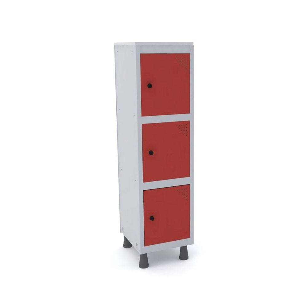 Armário Mini Roupeiro 3 Portas Aço MGRP 501/3 Cinza /Vermelho