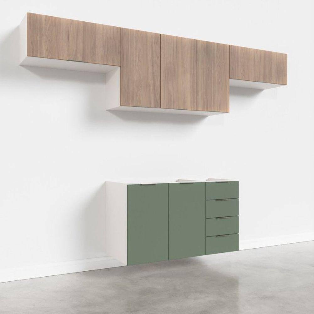 Cozinha Modulada 4 Peças Sem Tampo 3 Aéreos e 1 Balcão para Pia Ipanema CabeCasa MadeiraMadeira Acácia/Verde Folha/Branco