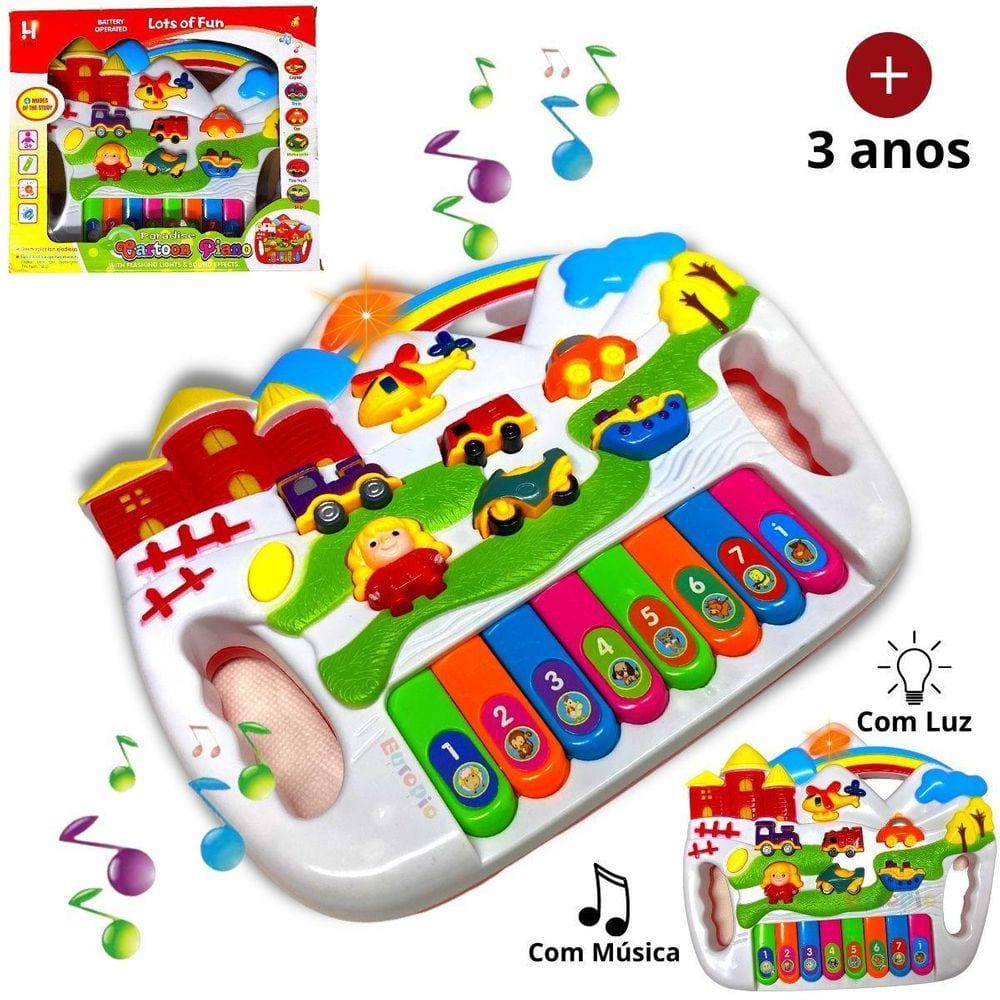 Teclado piano musical infantil fazendinha colorida com luz wellmix