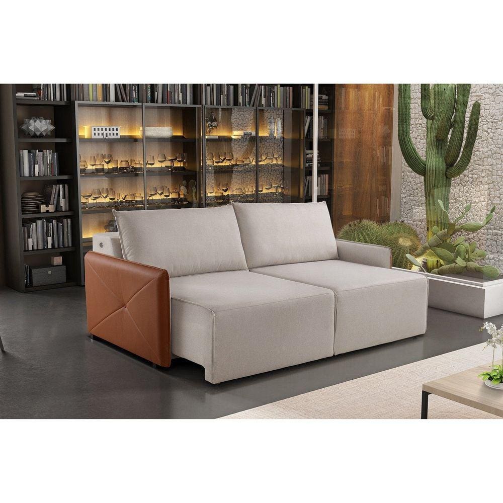 Estofado Retrátil 160cm com USB Urban Estofart Bege/Paçoca