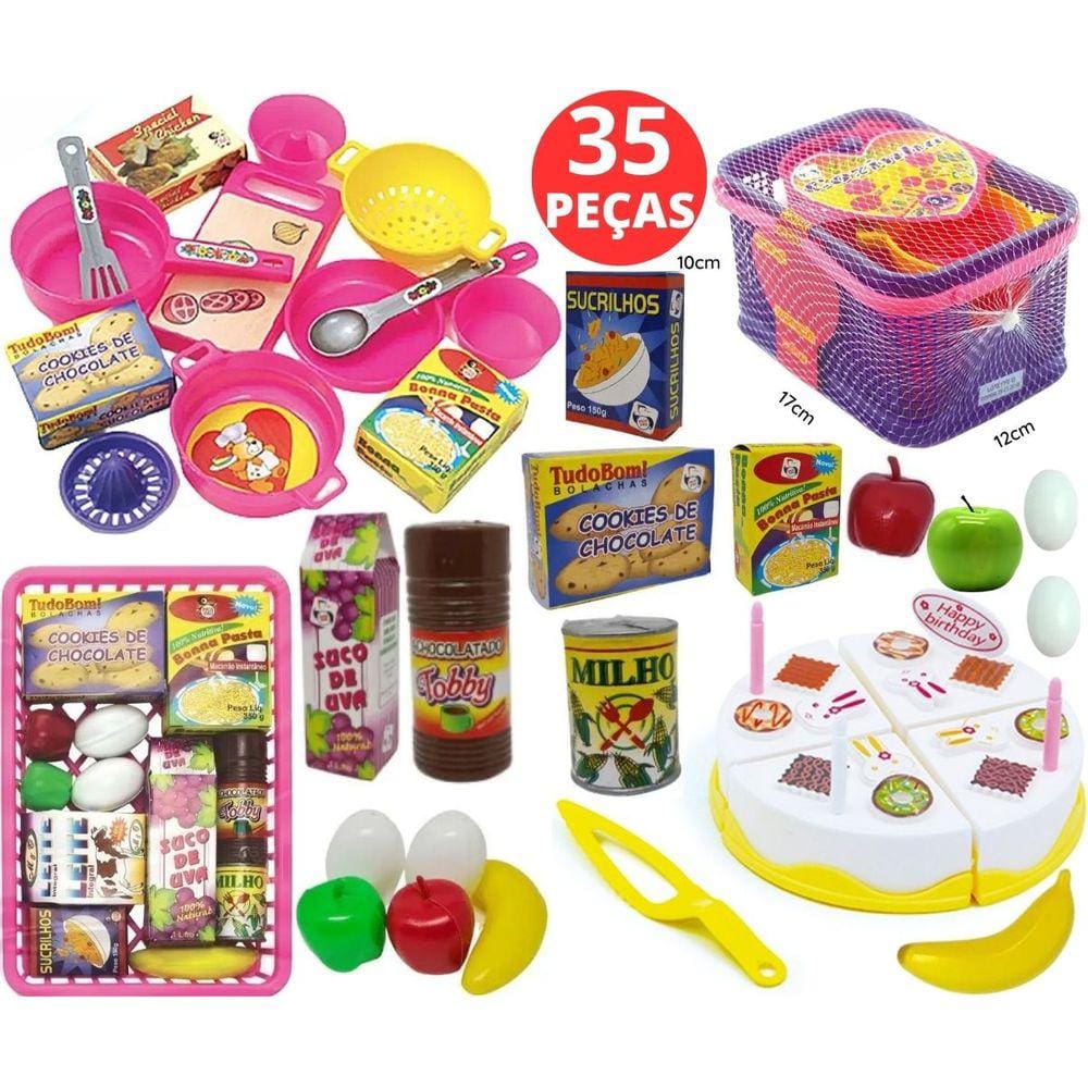 Kit Infantil Comida De Brinquedo Bolo De Aniversário Cesta Cozinha E Mini Mercado 35 PEÇAS