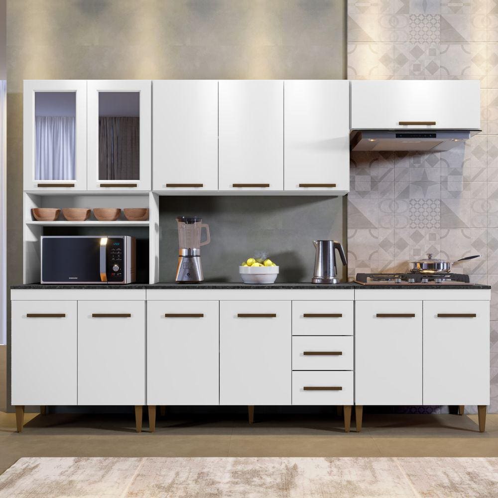 Cozinha Atenas Com Vidro Reflecta 12 Portas 3 Gavetas e Balcão Para Cooktop 04 Bocas Branco