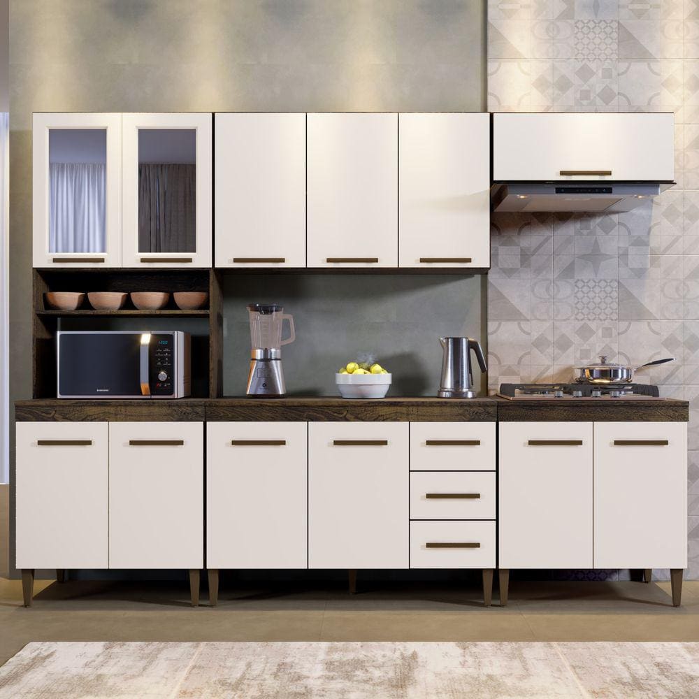 Cozinha Atenas Com Vidro Reflecta 12 Portas 3 Gavetas e Balcão Para Cooktop 04 Bocas Ypê/Off White