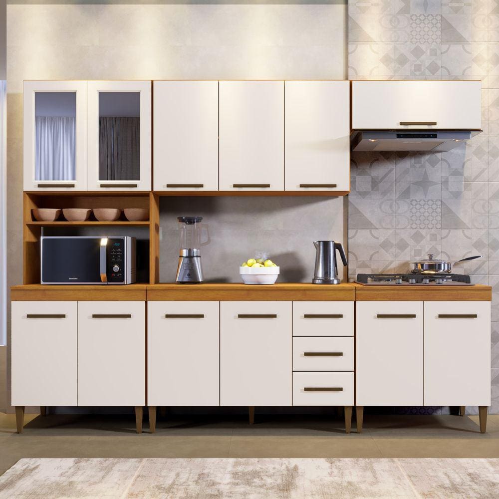 Cozinha Atenas Com Vidro Reflecta 12 Portas 3 Gavetas e Balcão Para Cooktop 05 Bocas Nature/Off White