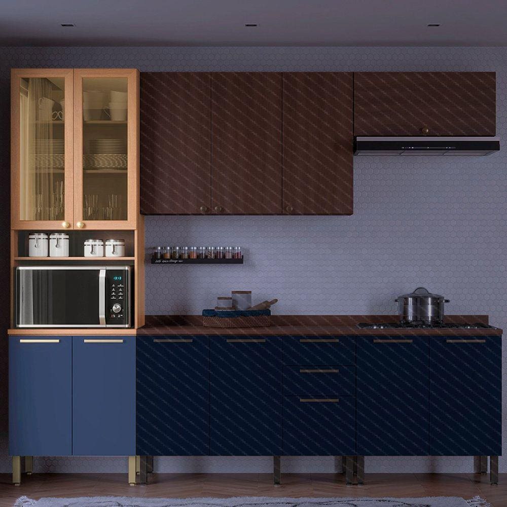 Paneleiro Sálvia 70cm para Micro 2 Portas Com Vidro Freijó/Azul