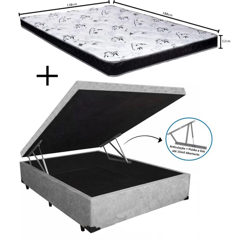 Cama Box Baú Casal Conforto Suede Cinza + Colchão Casal Conforto Espuma D33 Com EPS 14x138x188