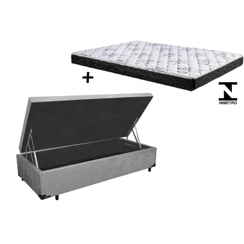 Cama Box Baú Casal Conforto Suede Cinza + Colchão Casal Conforto Espuma D23 Com EPS 14x138x188