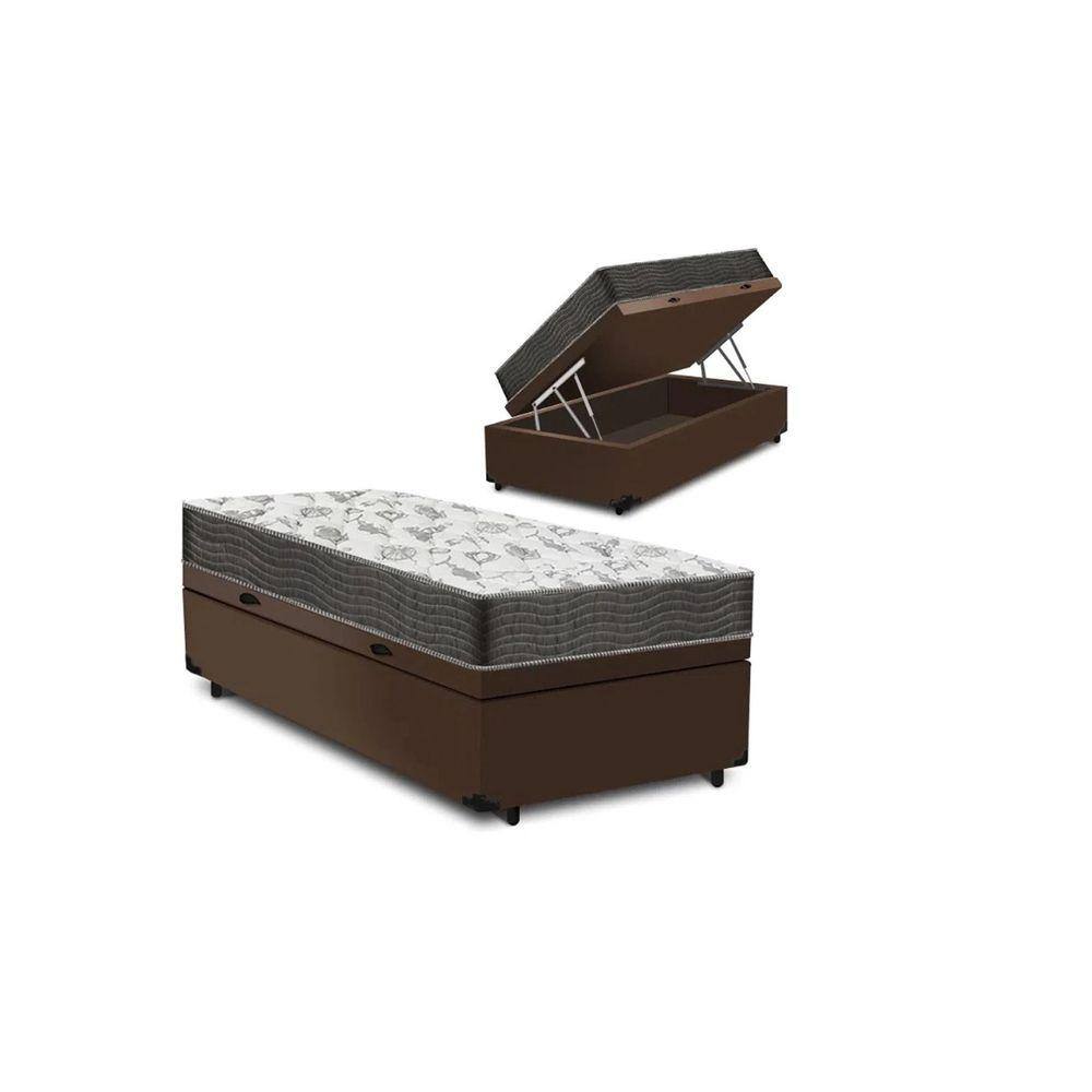 Cama Box Baú Solteiro Confort Suede Marrom Com Colchão Solteiro Confort Molas Ensacada 71x88x188