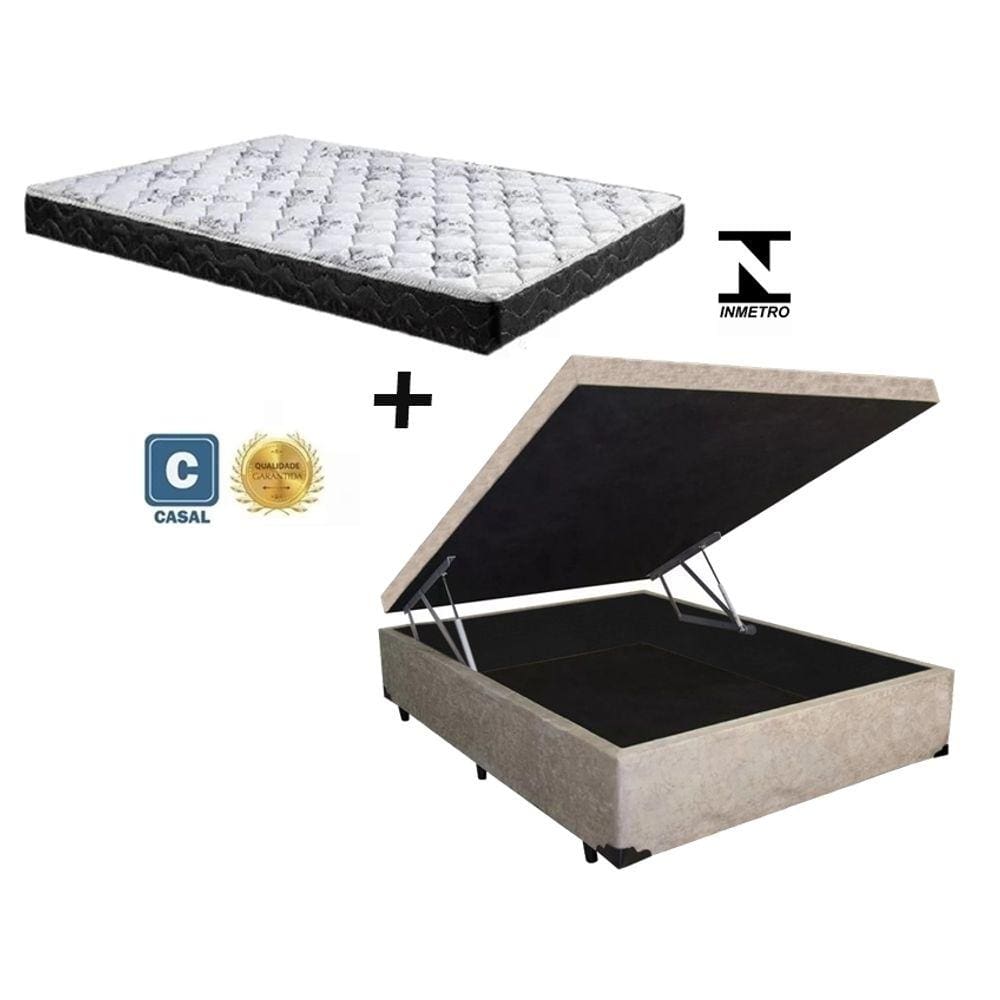 Cama Box Baú Casal Conforto Suede Bege + Colchão Casal Conforto Espuma D23 Com EPS 16x138x188