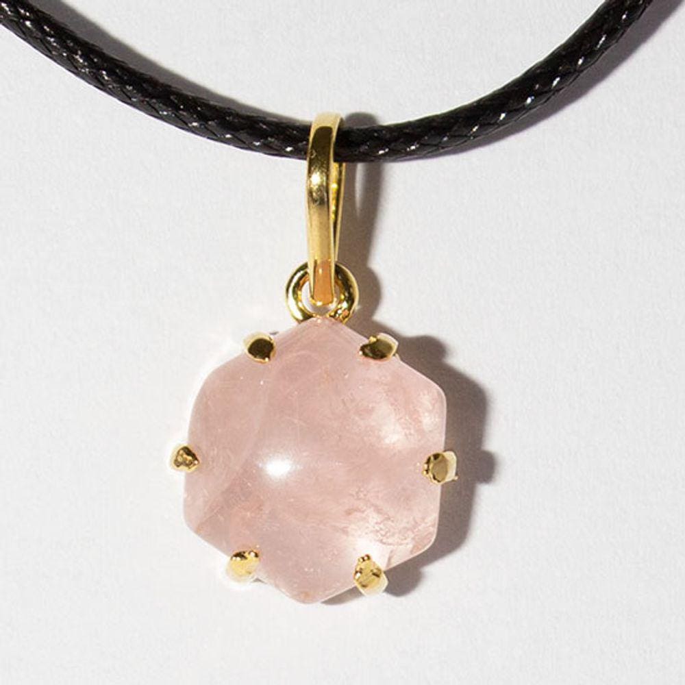 Colar Estrela Hexagonal Pedra Quartzo Rosa Garra Dourado